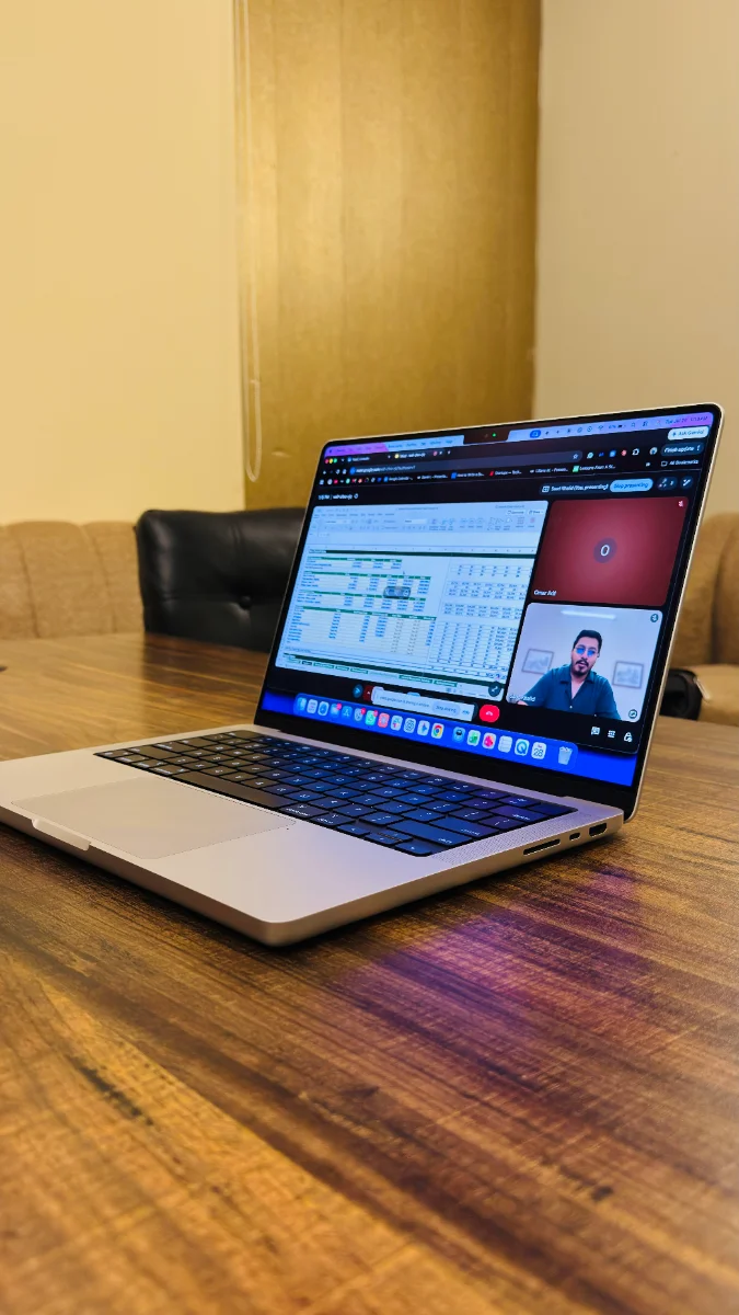 A partner mid-call, model open on screen
