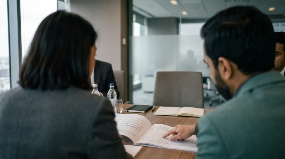 A board meeting mid-question, printed pack on the table