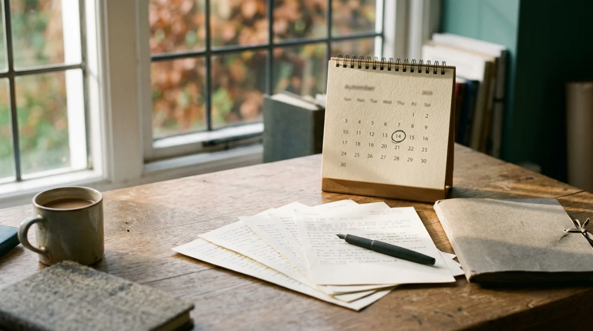 A desk calendar and tax working papers, autumn light