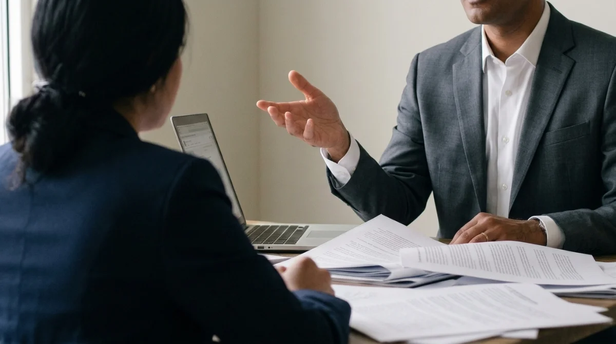Two people across a table, documents between them