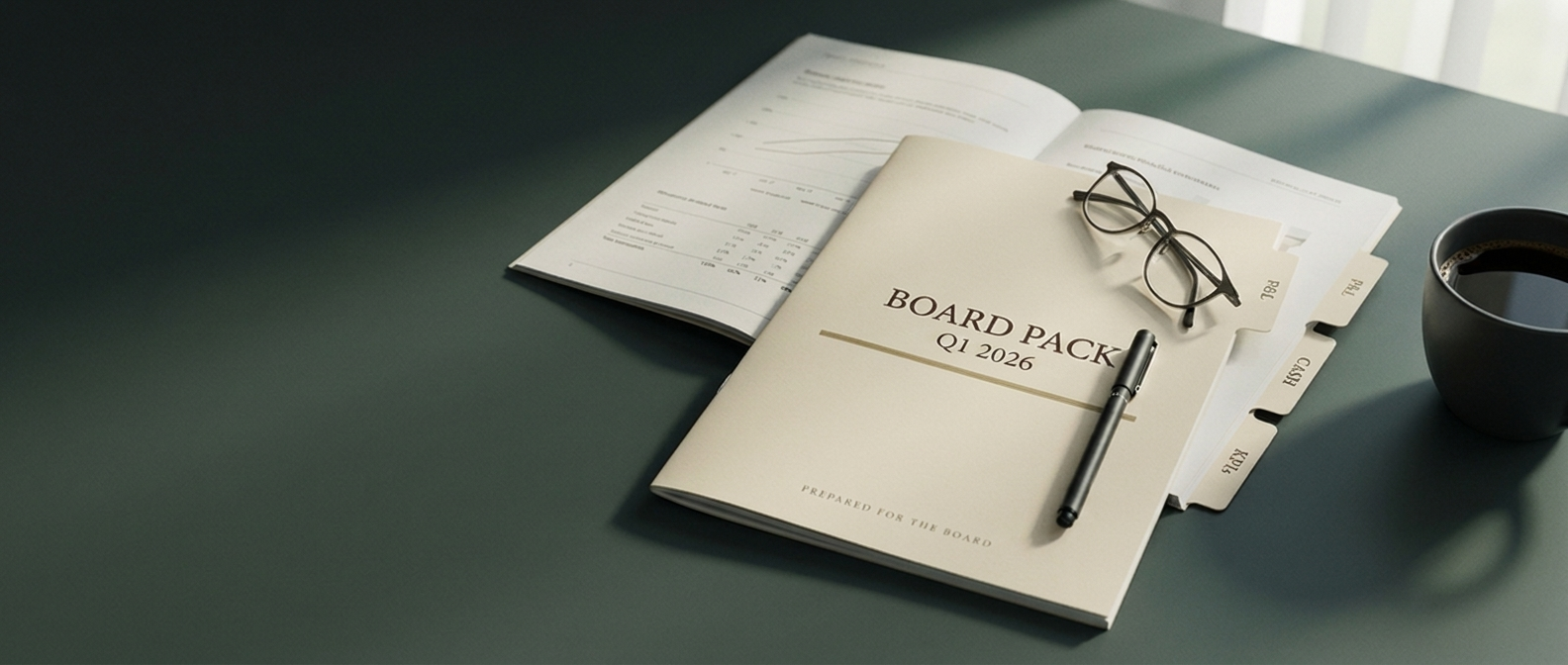 A printed, tabbed board pack open on a partner's desk beside reading glasses and a pen