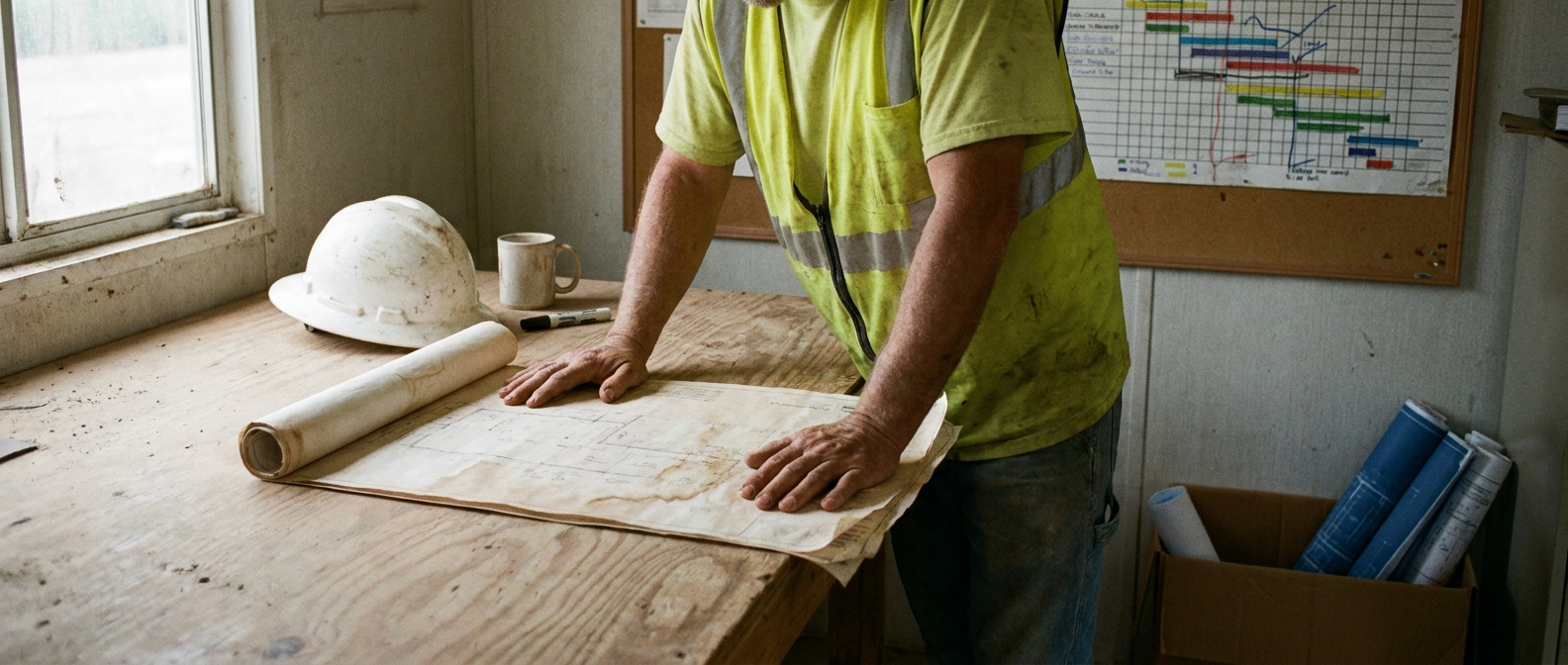 Drawings spread on a site office bench beside a progress schedule