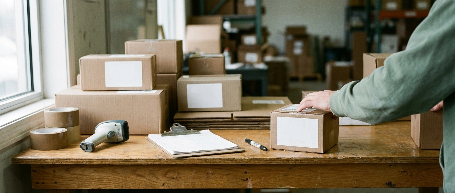 Labelled parcels stacked on a fulfilment bench