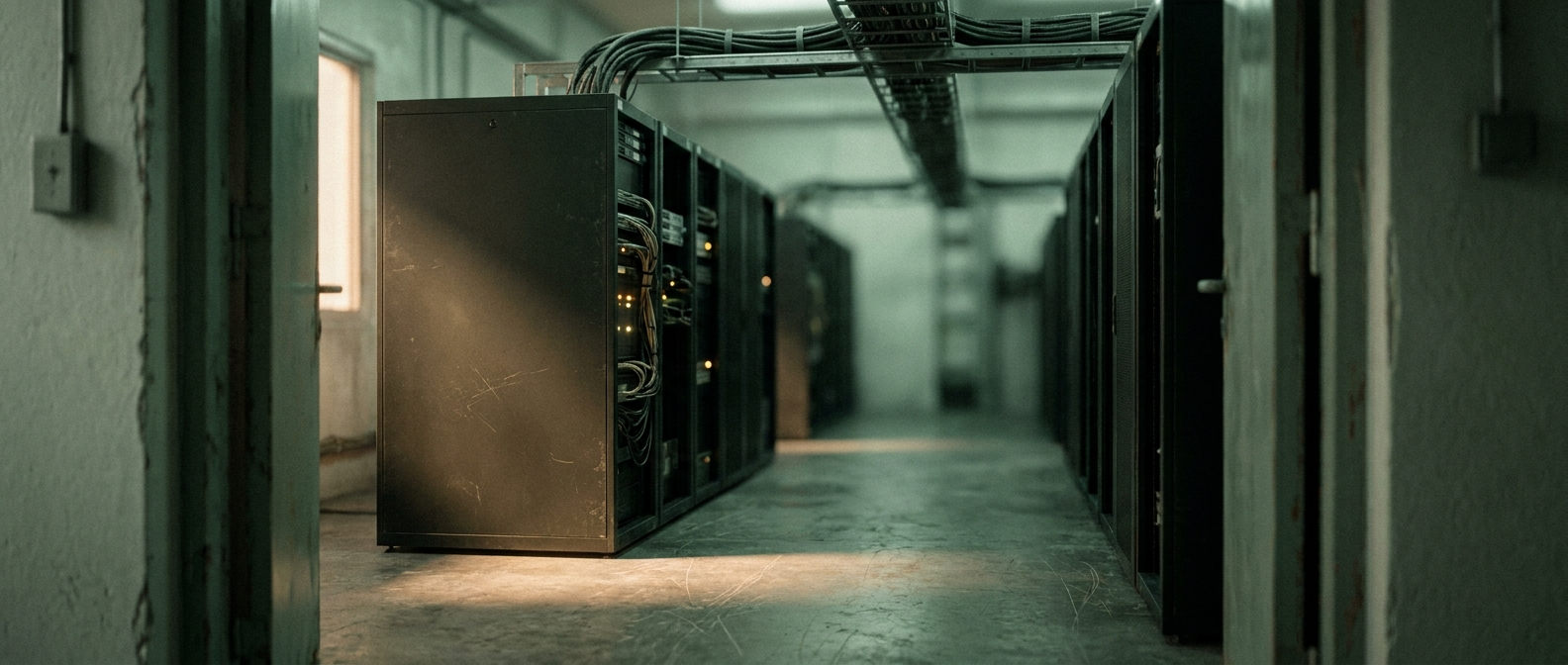 A dim server aisle with amber status lights