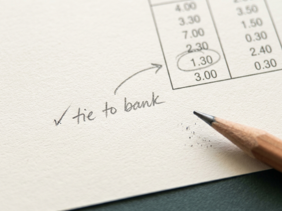 A printed schedule annotated in pencil, one figure circled and marked tie to bank